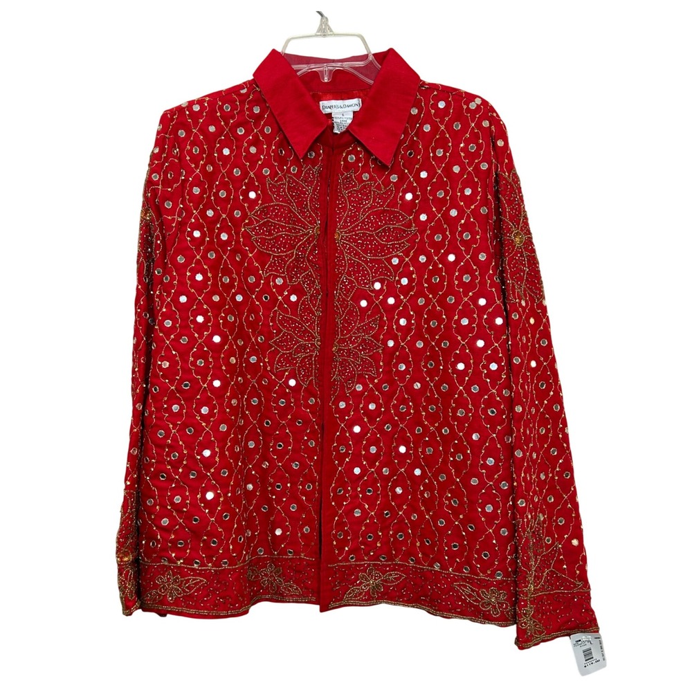 Drapers & Damons Jacket Womens L Red Beaded Mirror Embellished Y2K Vintage NWT